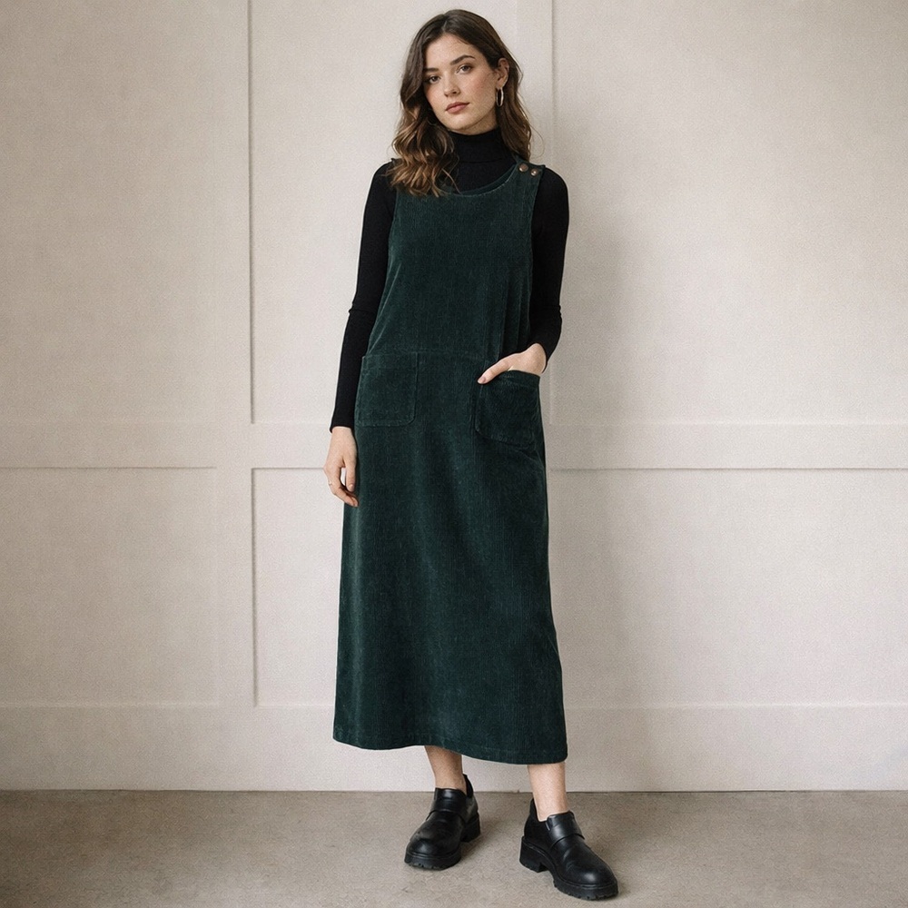 Vintage 90s Talbots Forest Green Corduroy Jumper Midi Dress 6